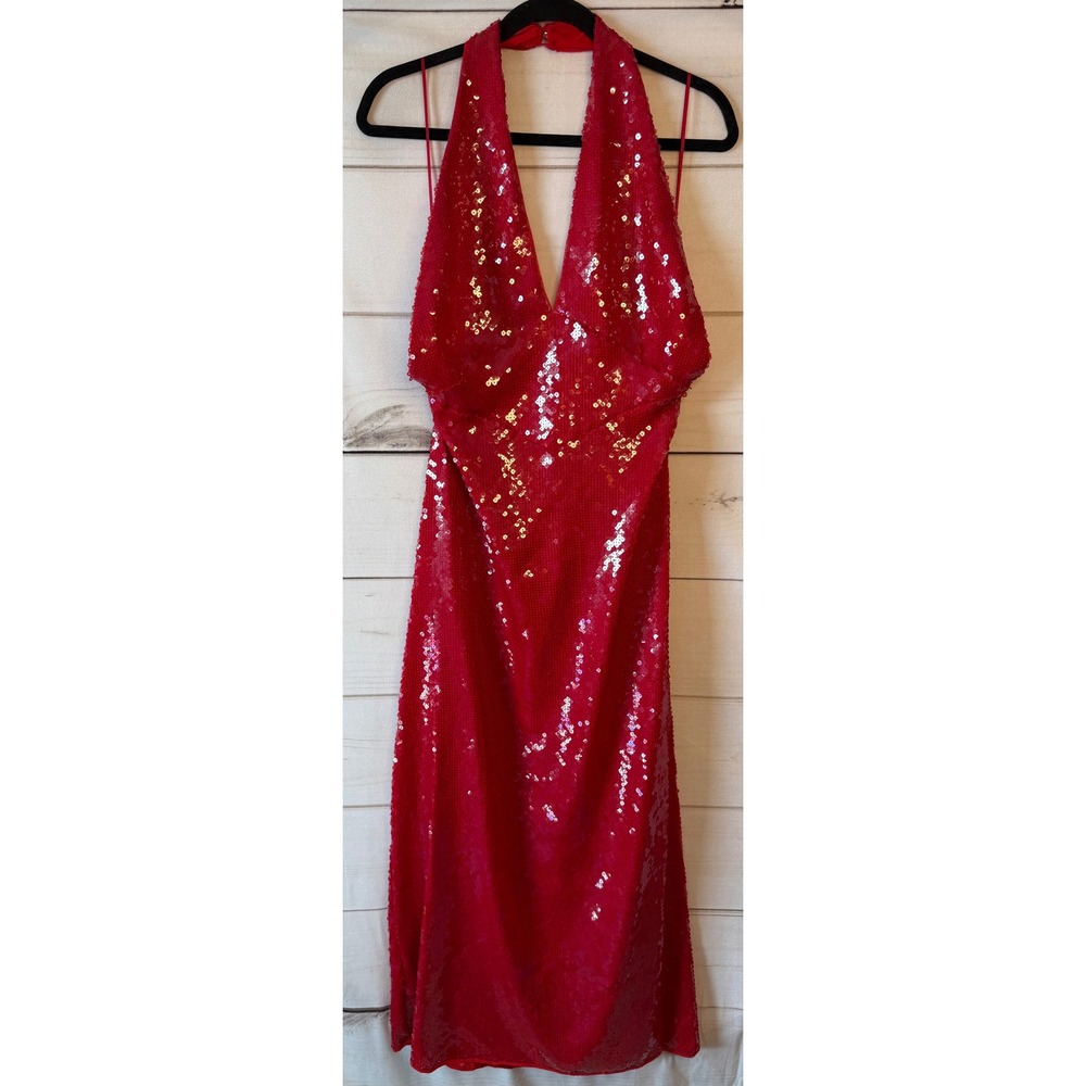 Bardot Freja Sequin Midi Dress Deep Red Halter Neck Open Back 59585DB US 10 XL